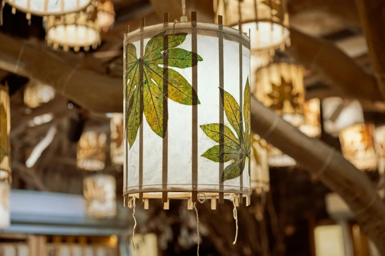 an oriental style lamp that is hanging from the ceiling