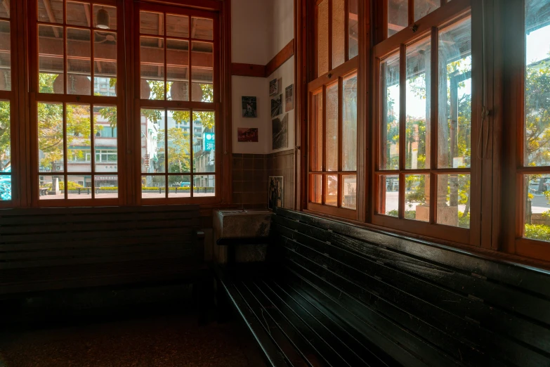 windows in a room with wood slats