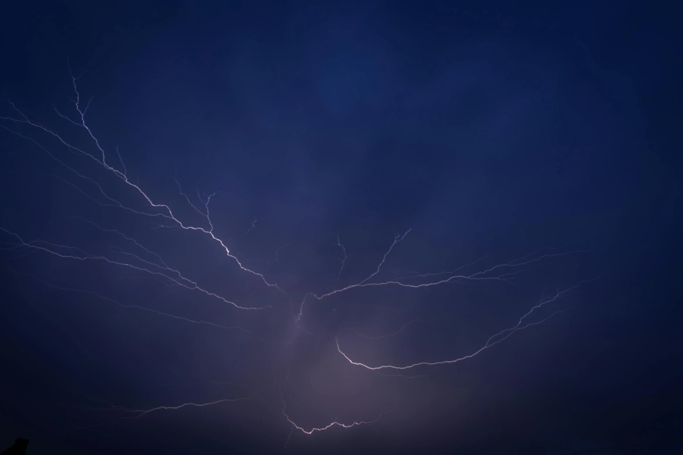 a large group of lightning strikes across a blue sky