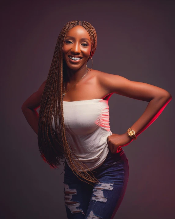 a woman with long ids on her head is posing for a portrait