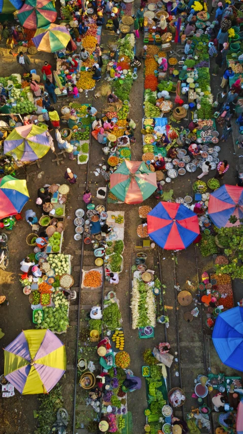 aerial view of people shopping at an open air food market