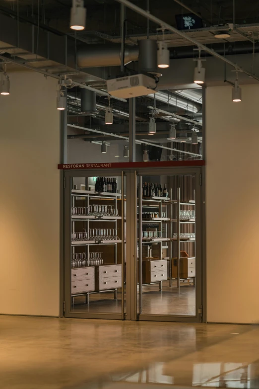 a store window with multiple shelves filled with items