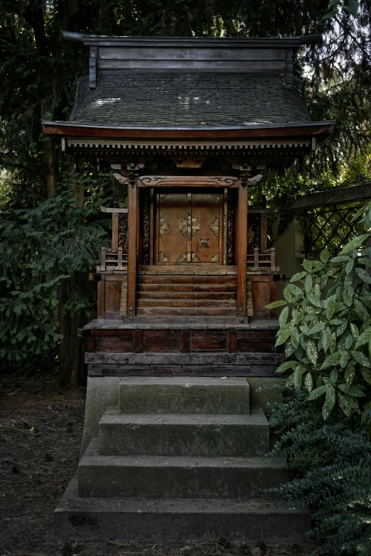 an asian gazebo surrounded by trees and foliage