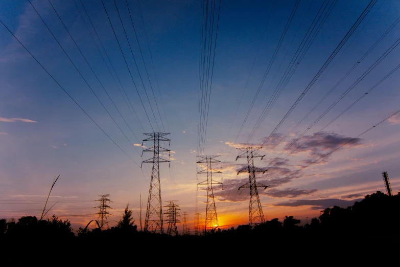 telephone poles against the evening sky as the sun sets