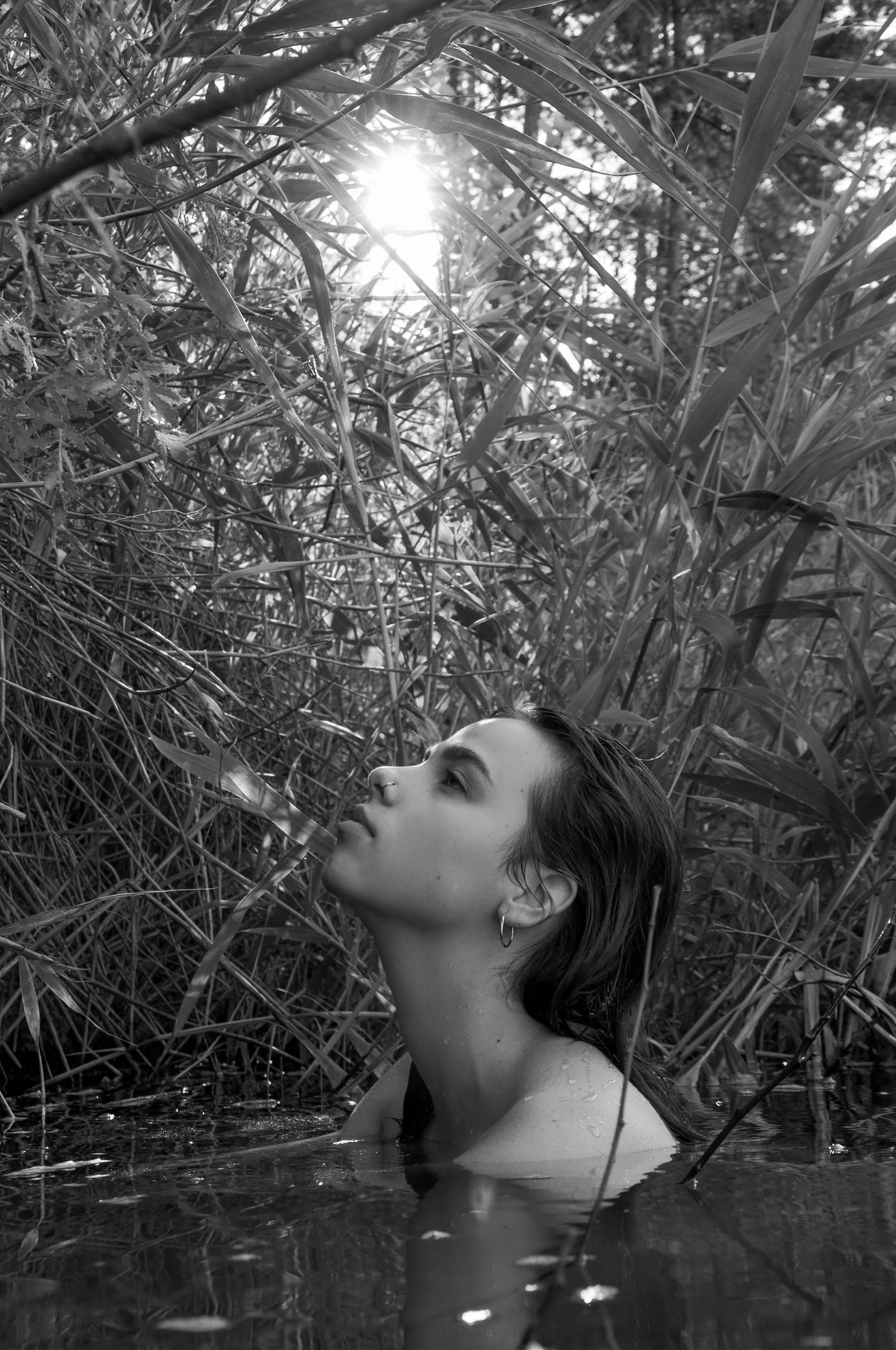 woman standing in water near plants and tree nches