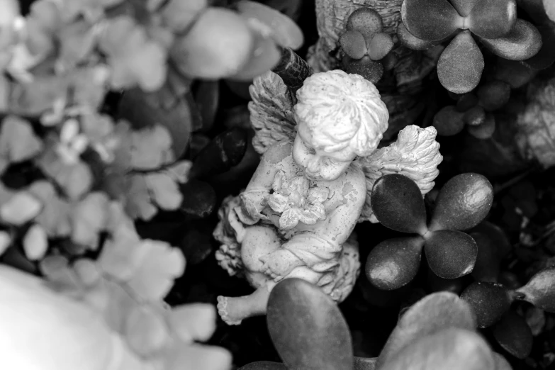 a little angel in the green plants is shown