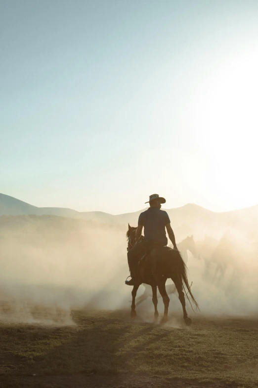 the cowboy is riding his horse in the field