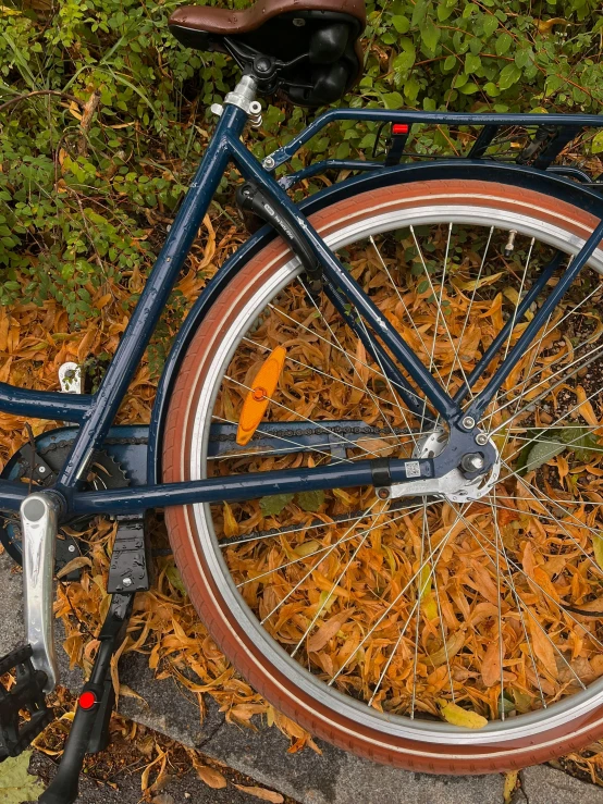 an older bike rests on the ground in leaves