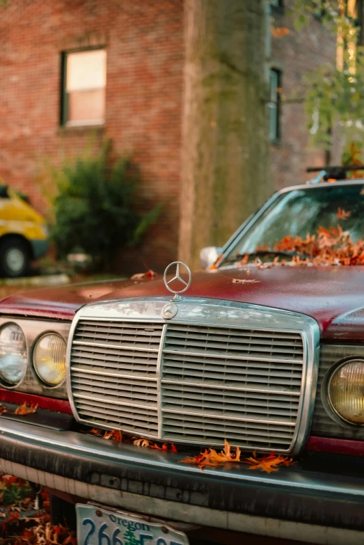 a mercedes benz sits on a pile of leaves in front of an apartment building