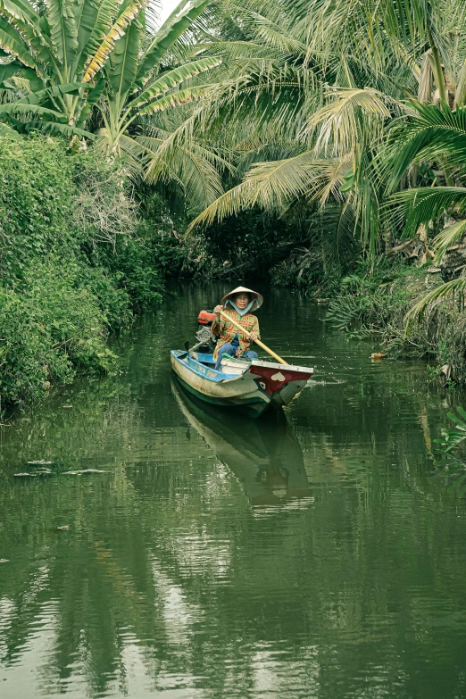 a man sitting in a boat surrounded by trees