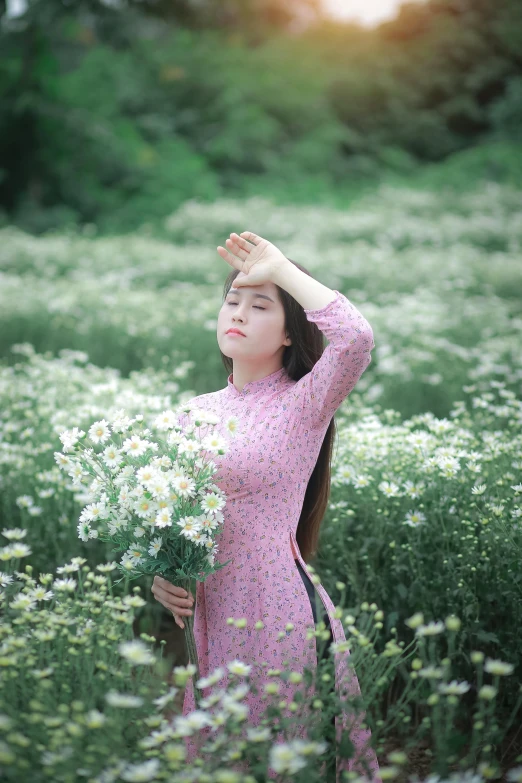 young asian woman in a field of daisies