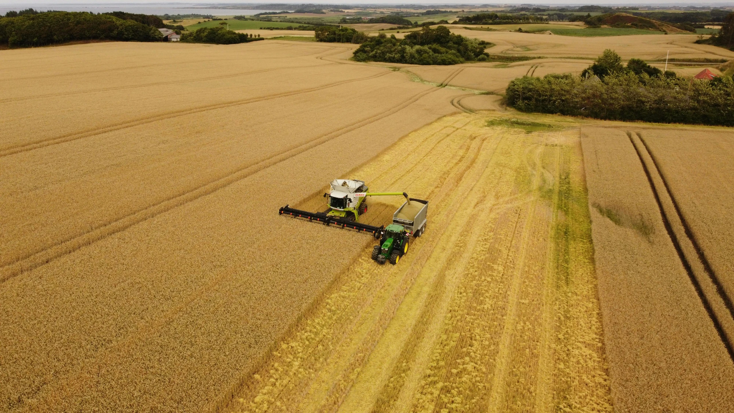 a green and yellow tractor drives through a field