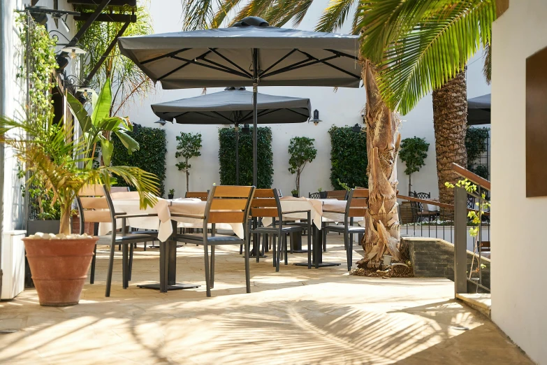 outdoor patio with tables and chairs near umbrellas