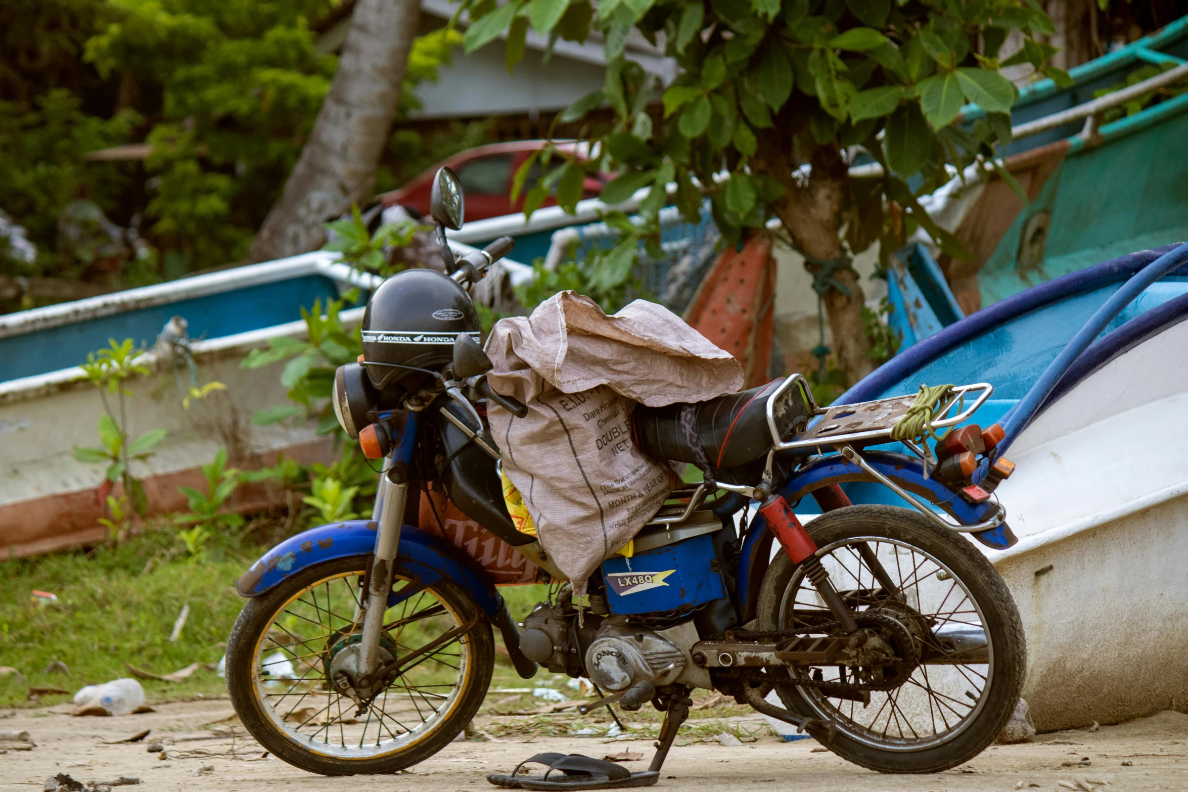 a motorcycle with a bunch of stuff on it