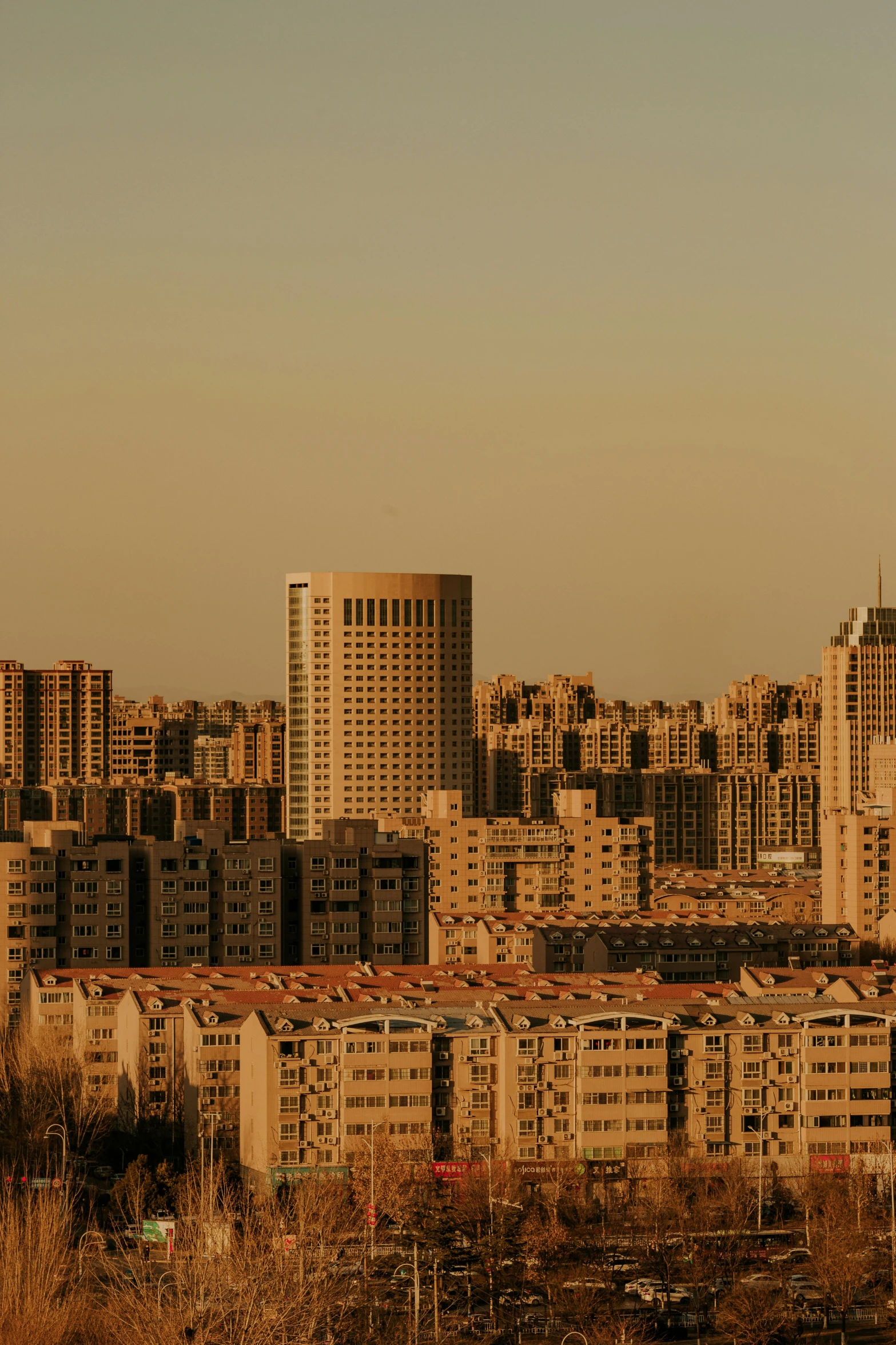 a city filled with tall buildings surrounded by tall trees