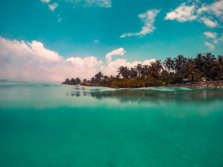 an island surrounded by palm trees is seen from the ocean