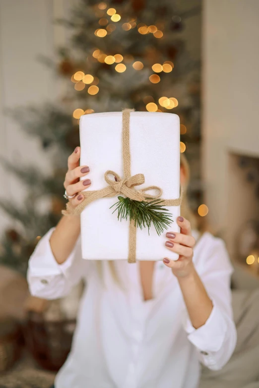 a person holding a wrapped white christmas present in front of a christmas tree