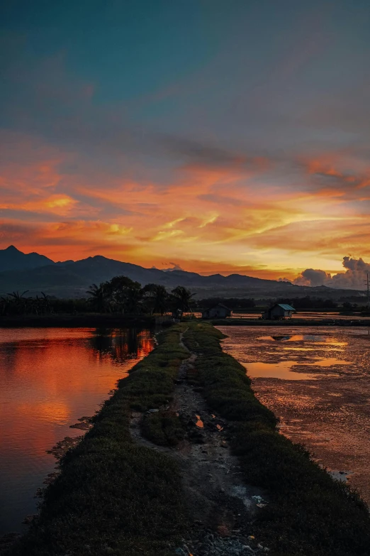 the setting sun illuminates the horizon over the water