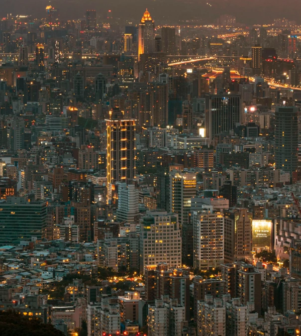 an aerial view of a city at night