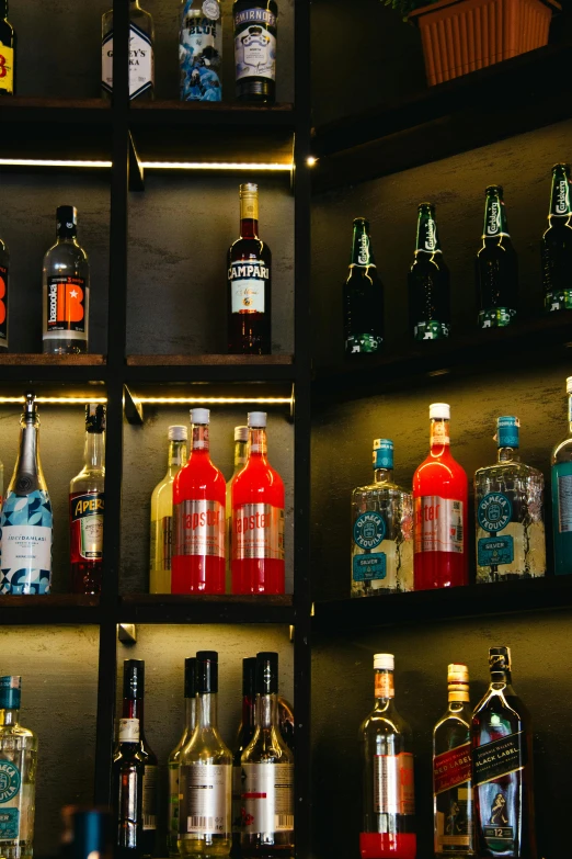 alcohol bottles lined up on shelves for purchase