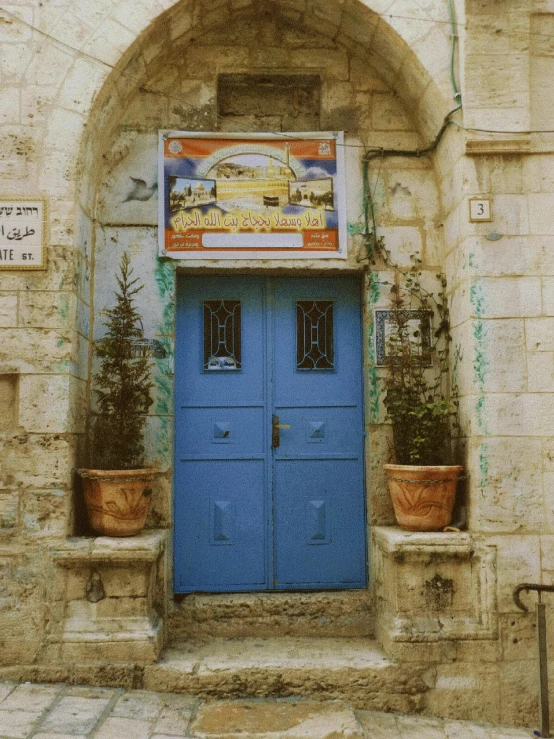 a large blue door with two potted plants in front of it