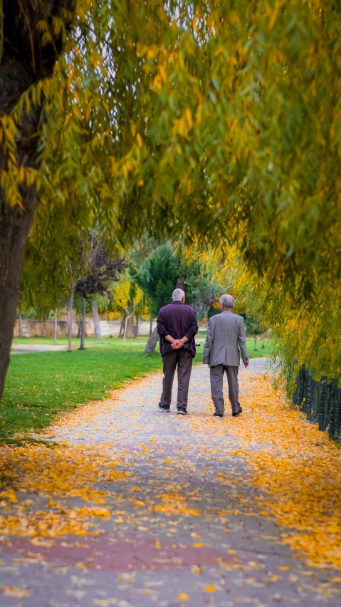 two men walk on a path in the park