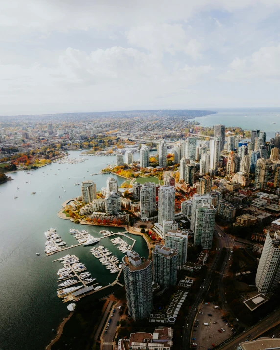 aerial view of city buildings with boats docked at the dock