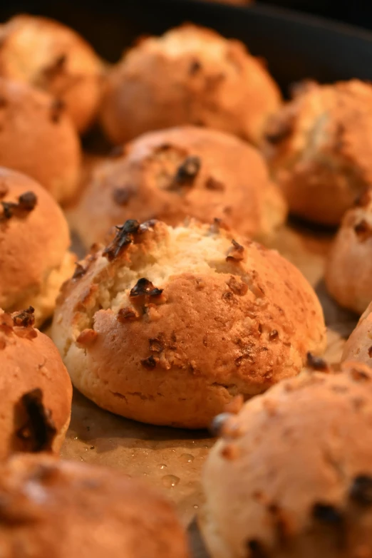 closeup of a baking pan with several baked goods