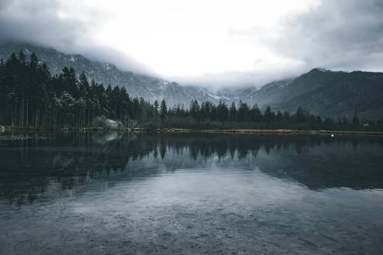 a mountain covered with pine trees and clouds