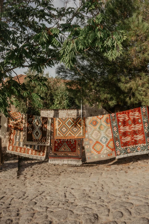 a large amount of rugs are hung up against a tree