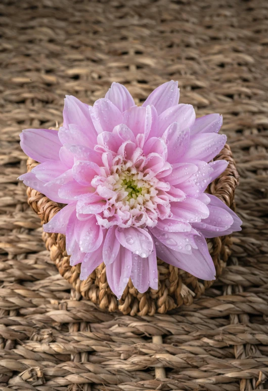 a pink flower with large centers on a brown basket