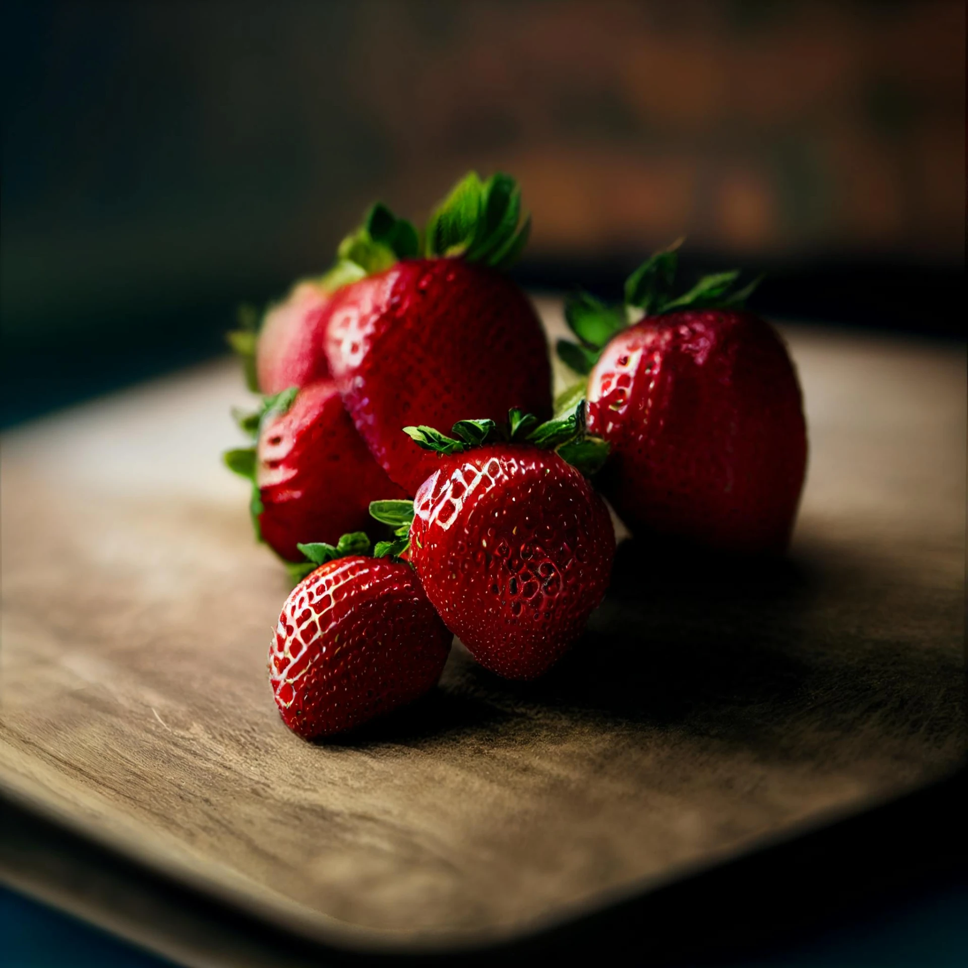 five strawberrys and one leaf sitting on a  board