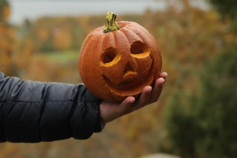 a hand holds an apple carved as a halloween pumpkin