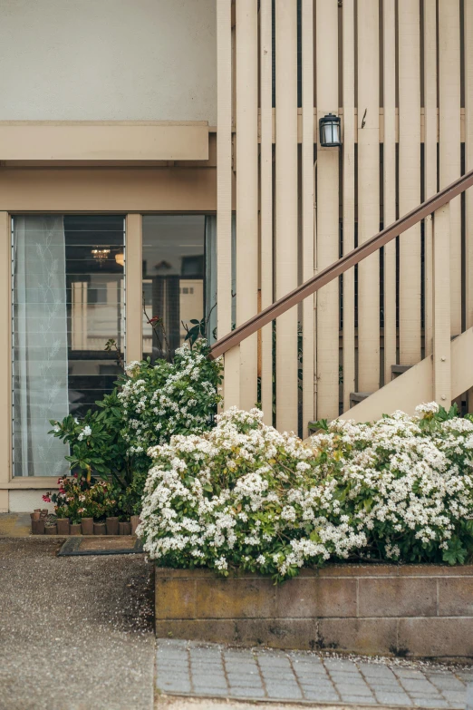 the stairs lead up to a building where there is a door and windows