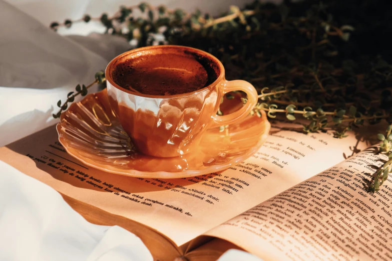 a cup of coffee on a plate next to a book