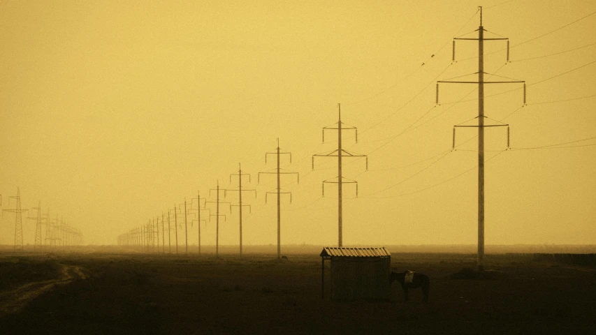 a very long field of power poles and dirt road