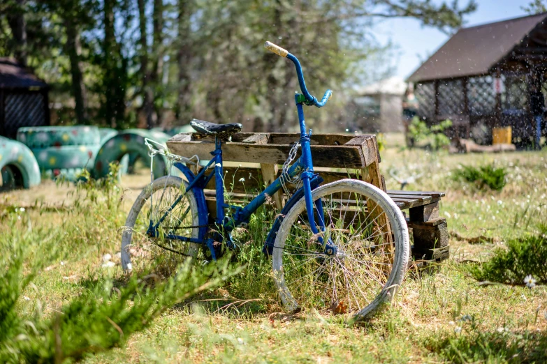 the bicycle is locked up by the bench on the grass