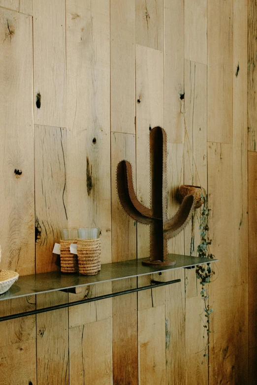 shelves with hooks hanging on the side of wooden walls