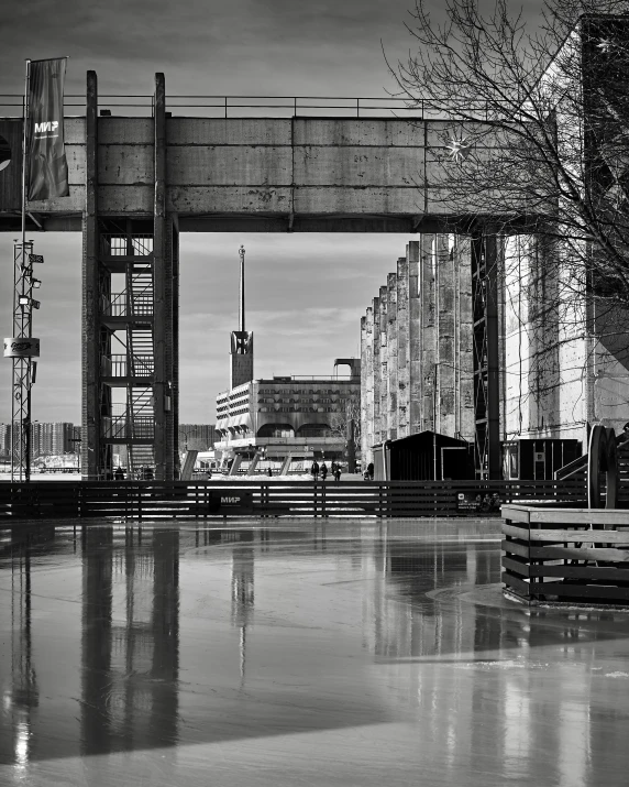 black and white pograph of the city's river, and walkway