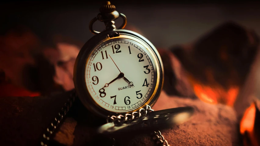 an alarm clock with chain links on the ground