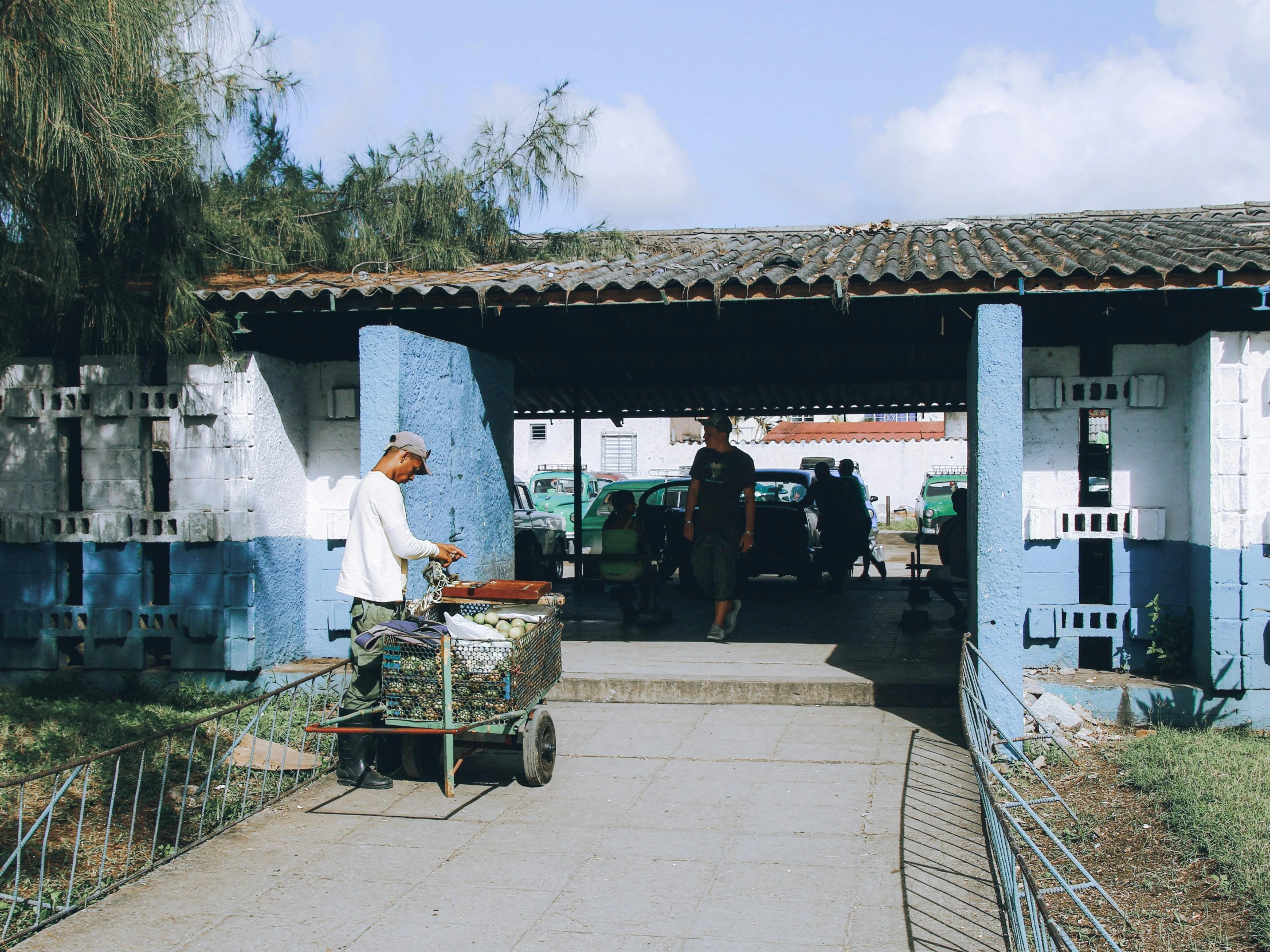 a man hing a buggy near a building with blue walls