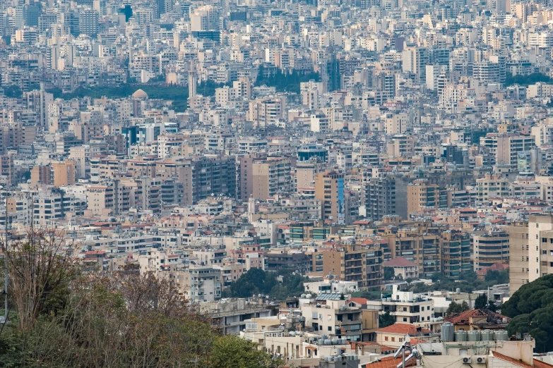 a very large city in the distance with buildings in the foreground