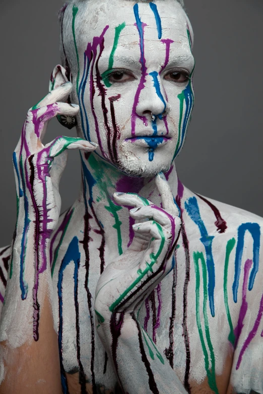 someone with paint all over his body has hands on their fingers