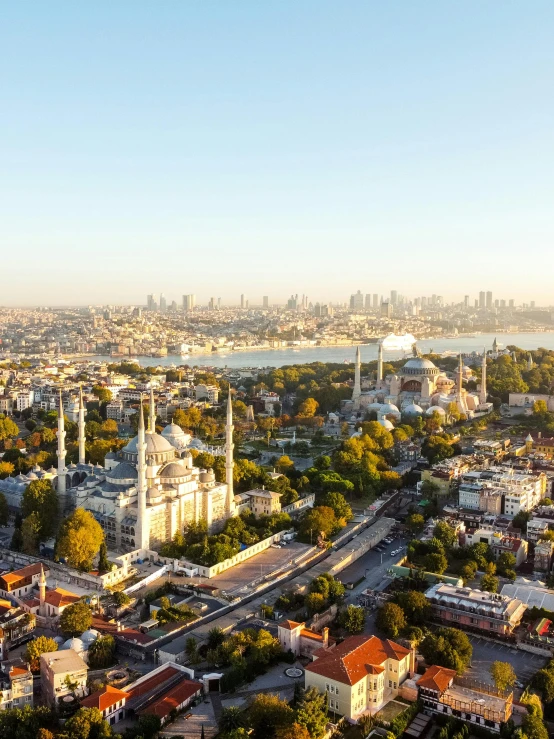 aerial view of a city with a river and bridge