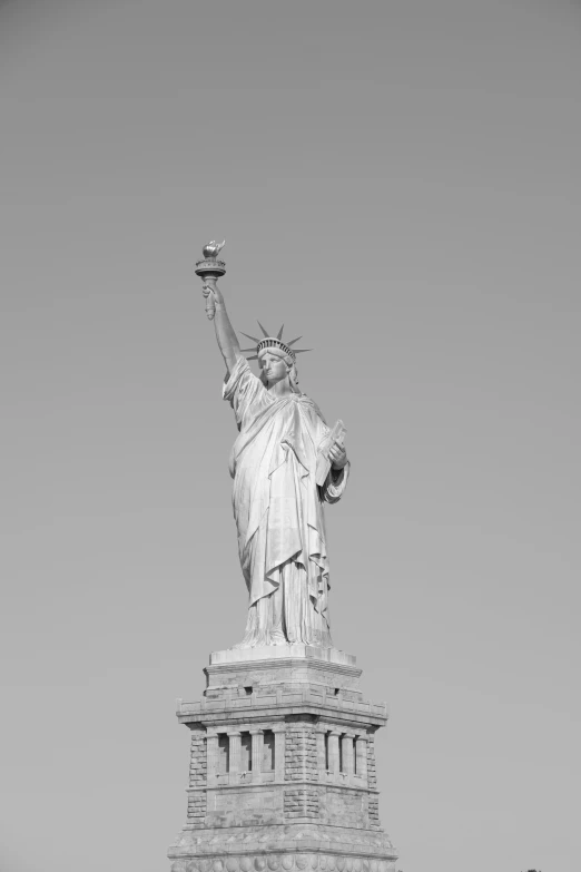 the statue of liberty is shown against a light grey sky