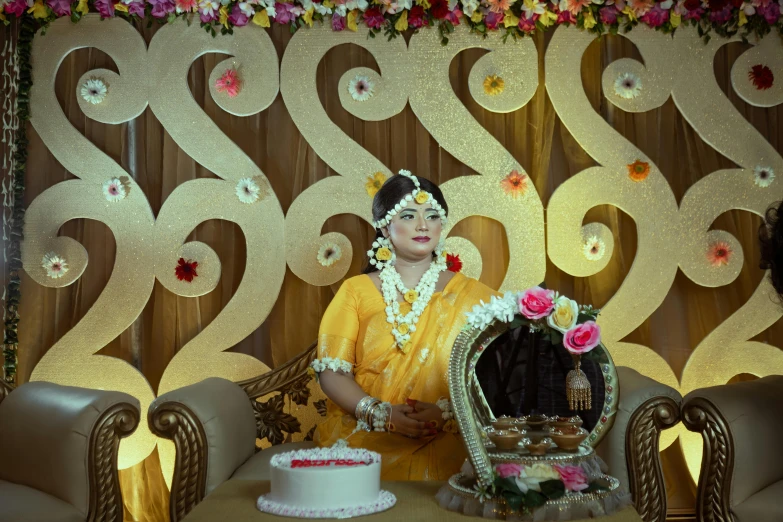an asian woman in a yellow dress posing in front of a decorated dessert and chair