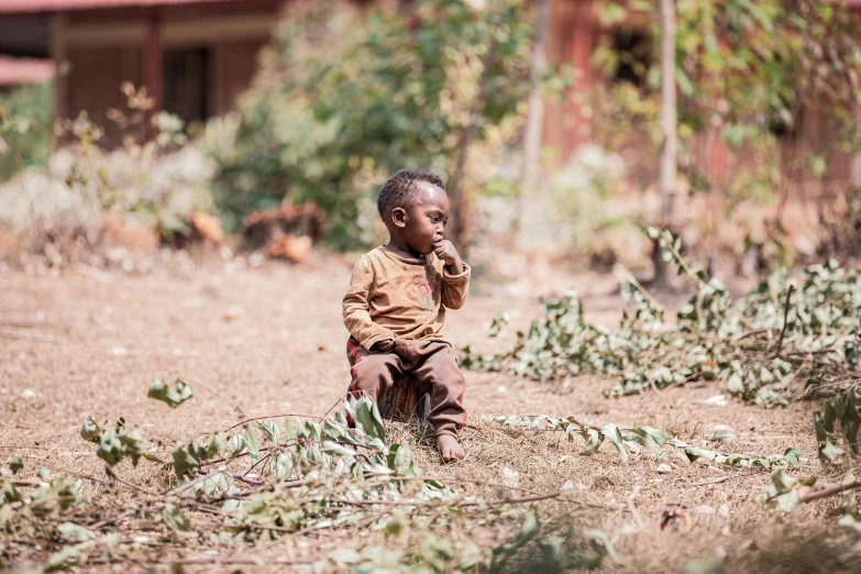 a little boy sitting down in a patch of dirt