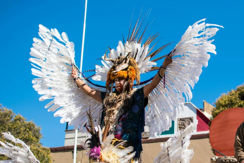 the woman in costume has a feathered headpiece