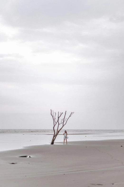 two people with an umbrella standing on a sandy beach