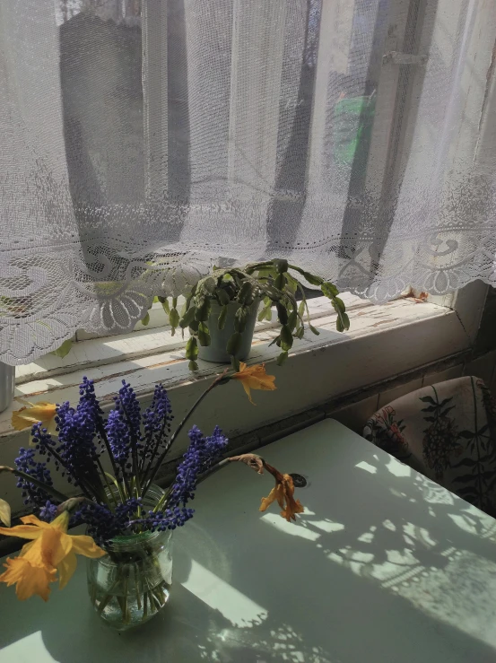 two blue flowers are in a small vase on the window sill